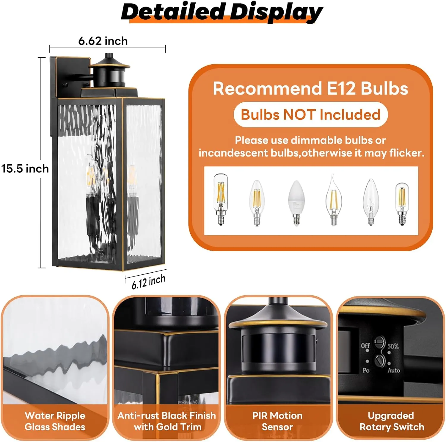 Large Motion Sensor Outdoor Wall Light, Waterproof Exterior Wall Sconce Light Fixture with Water-Rippled Glass, Bronze Modern Outside Wall Lantern for House, Porch, Patio, Garage, Bulbs Not Included
