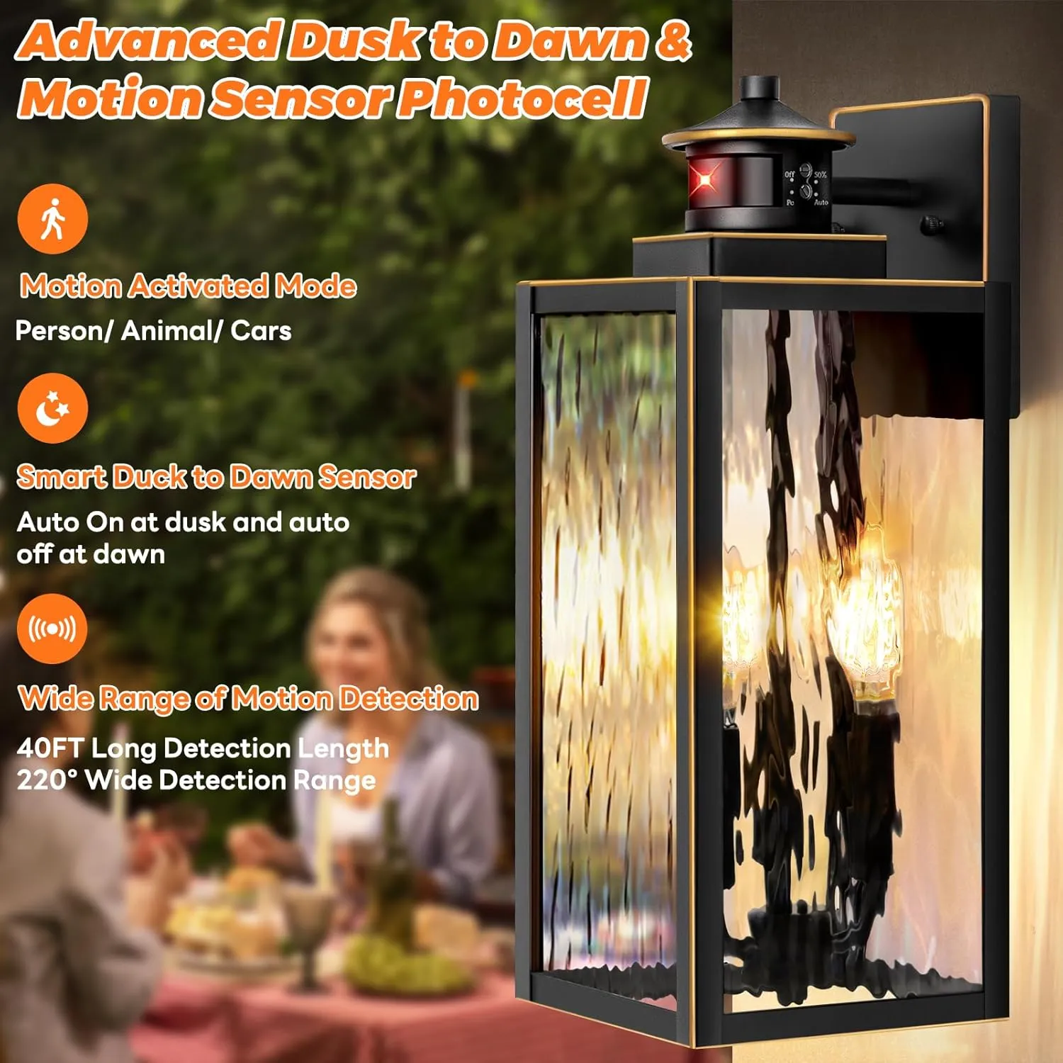 Large Motion Sensor Outdoor Wall Light, Waterproof Exterior Wall Sconce Light Fixture with Water-Rippled Glass, Bronze Modern Outside Wall Lantern for House, Porch, Patio, Garage, Bulbs Not Included