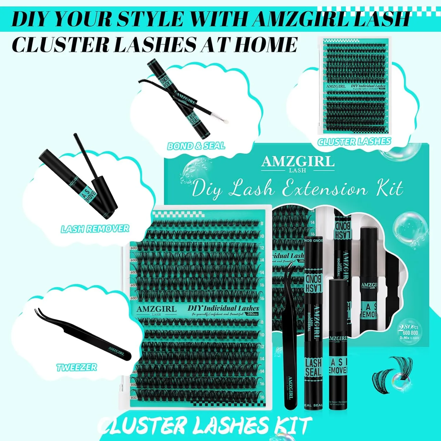 Lash Clusters Kit 280Pcs,60D 80D Eyelash Extension Kit,Lash Bond and Seal Waterproof,Lash Remover for Individual Cluster Lashes Kit,Lash Applicator Tool for DIY Lash Extension Kit(D-Mix9-16mm Kit)