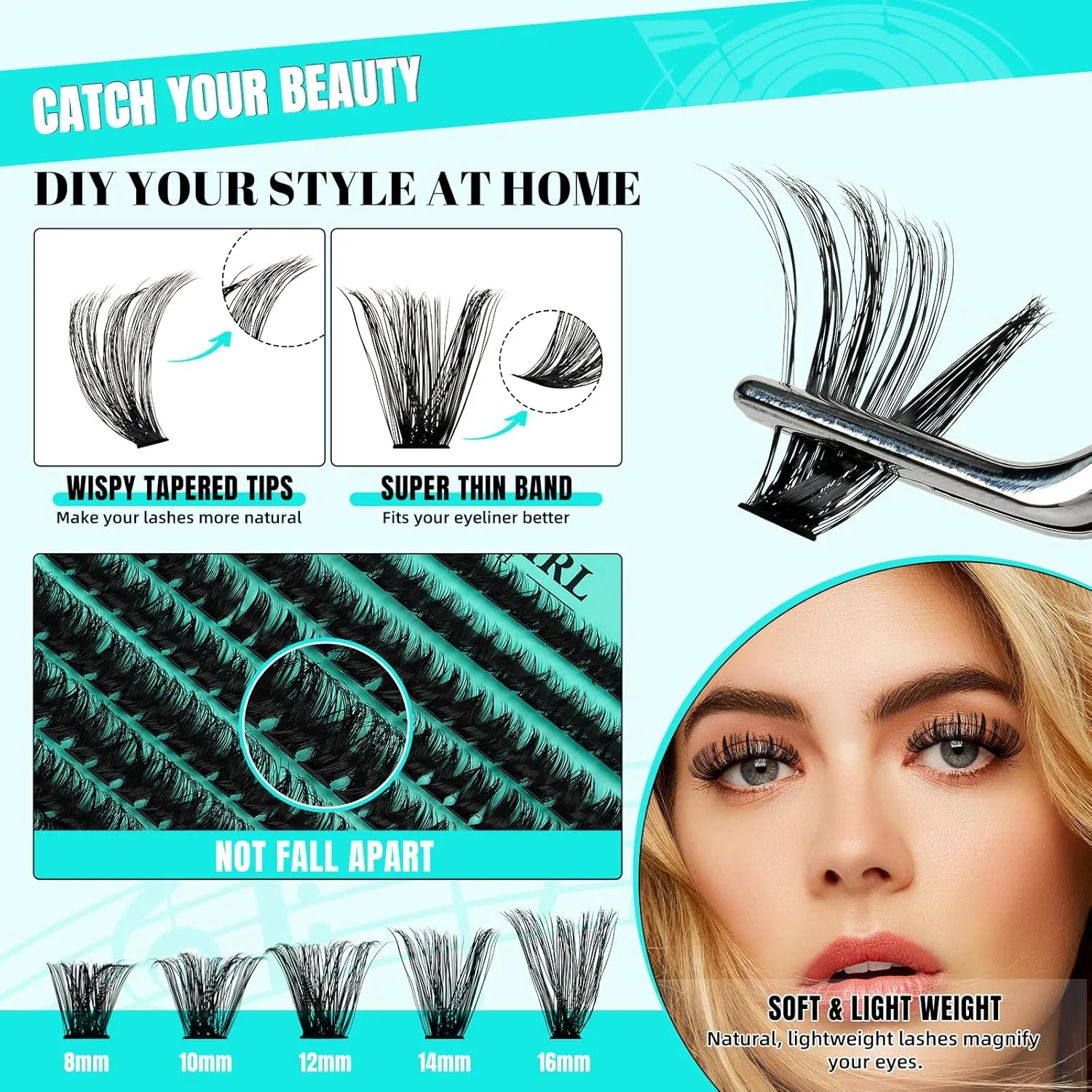 Lash Extension Kit 280Pcs,DIY Individual Lashes Clusters Kit,Lash Bond And Seal,Lash Remover For Eyelashes Extensions,Lash Applicator Tool For False Eyelash Cluster Kit(Blues(100D),D-Mix8-16mmKit)