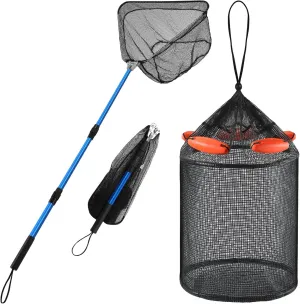 Lasnten 2 Pcs Collapsible Floating Fishing Basket Foldable Floating Fish Basket for Live Caught Net with Long Robust Telescopic Handle Rubber Mesh Net Bait for Bait Live Well Storage