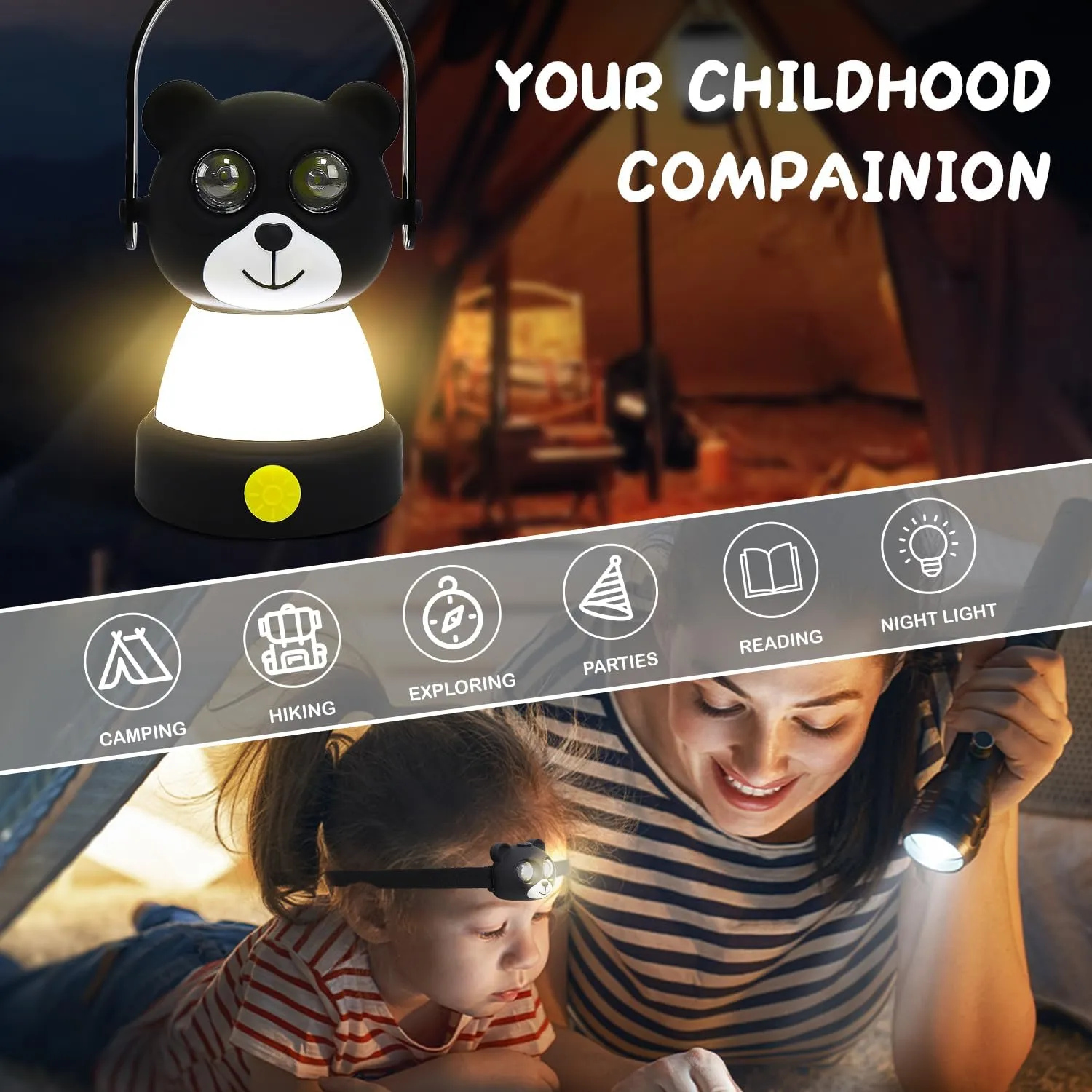 LED Bear Camping Lantern & Headlamp Kit, Battery Powered Night Light for Kids 6-12, Outdoor Equipment for Kids Ages 8-12, Toys Girls Boy Birthday Christmas Gift Ages 6 7 8 9 10 11 12 