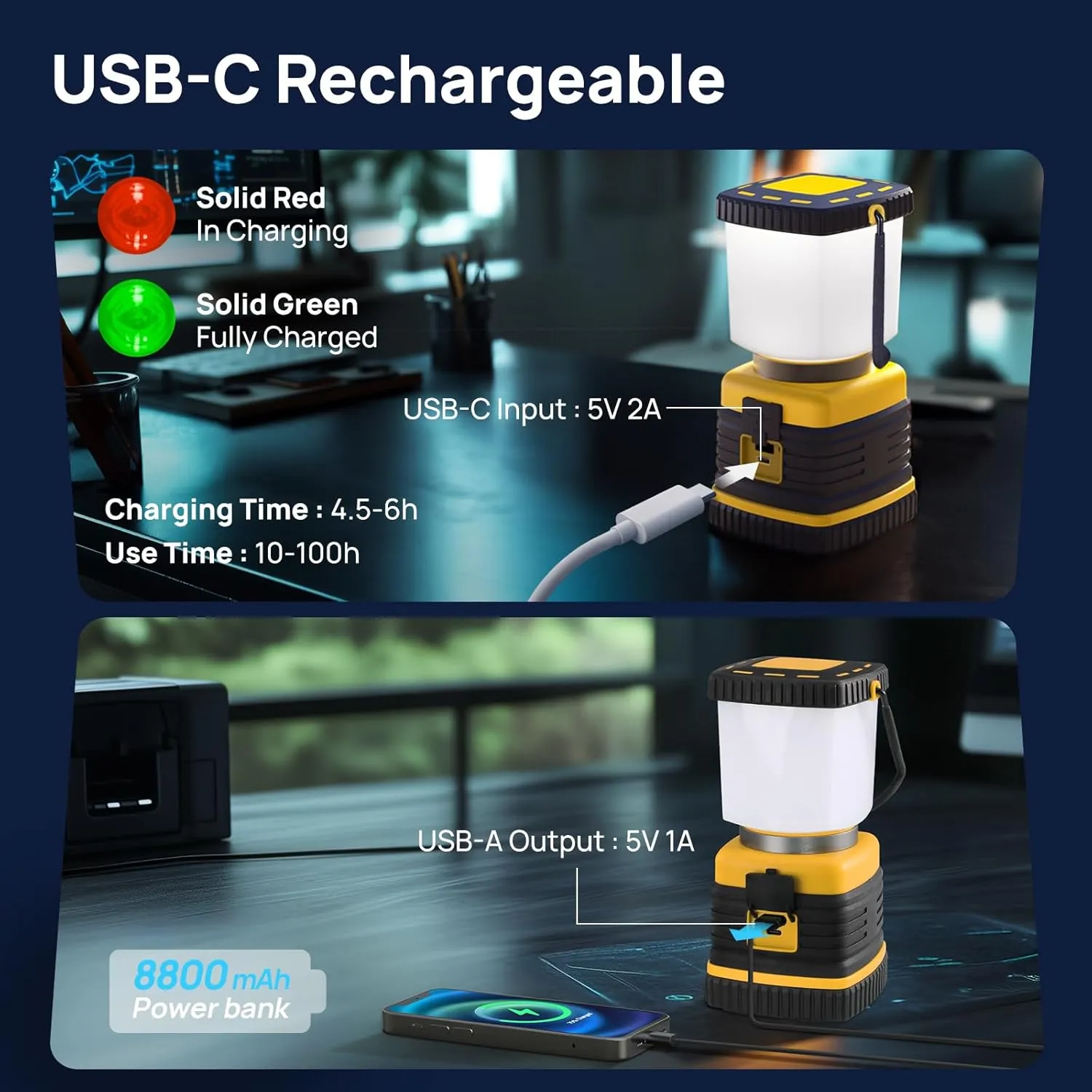 LED Camping Lantern, Consciot C02 USB-C Rechargeable Camping Lights, 1500LM, 5 Light Modes, 8800mAh Power Bank, Up to 100H Run Time, IPX4 Waterproof, Dimmable Tent Lights for Emergency, Power Outages
