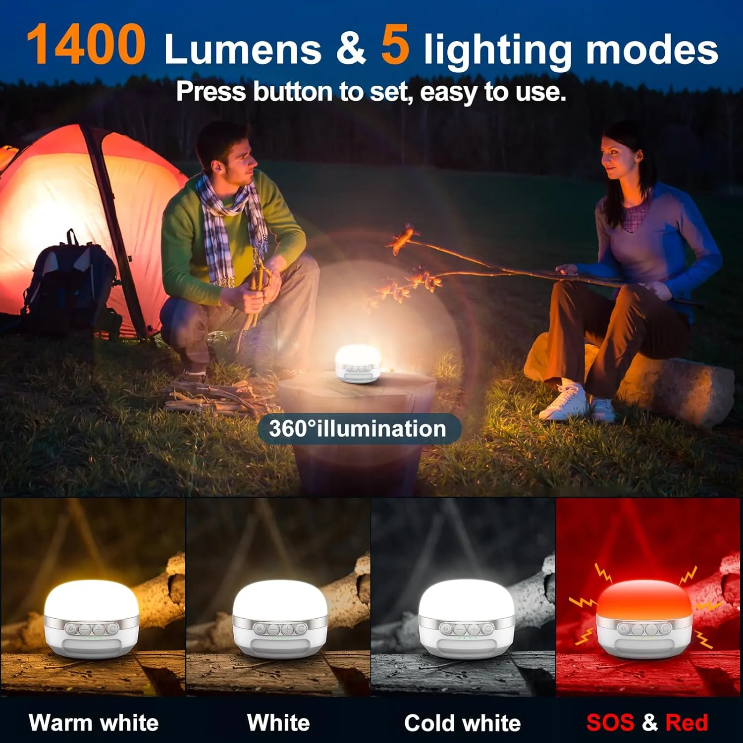 LED Camping Lantern Rechargeable 1400LM, Up to 420H Running Time Camping Tent RGB Light, 10400mAh Emergency Hanging Light for Hurricane, Power Outages, Home, Hiking, White