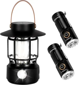 LED Camping Lantern, Solar Rechargeable Lantern Camping Lights with Side Lights and High Lumens Super Bright USB-C Charge LED Compact Powerful Rechargeable Flashlight