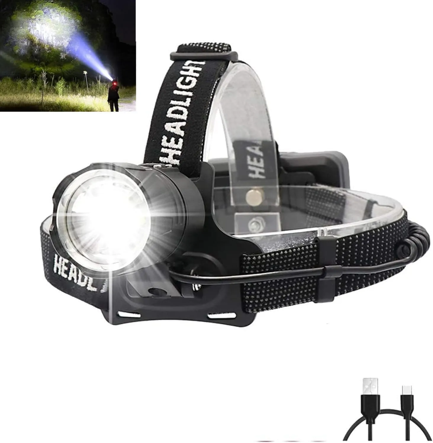 LED Headlamp High Lumens, Super Bright USB Rechargeable XHP70.2 LED Powerful Headlamps,Adjustable Focus 3 Modes Waterproof Headlight with Power Bank Function for Camping Hiking