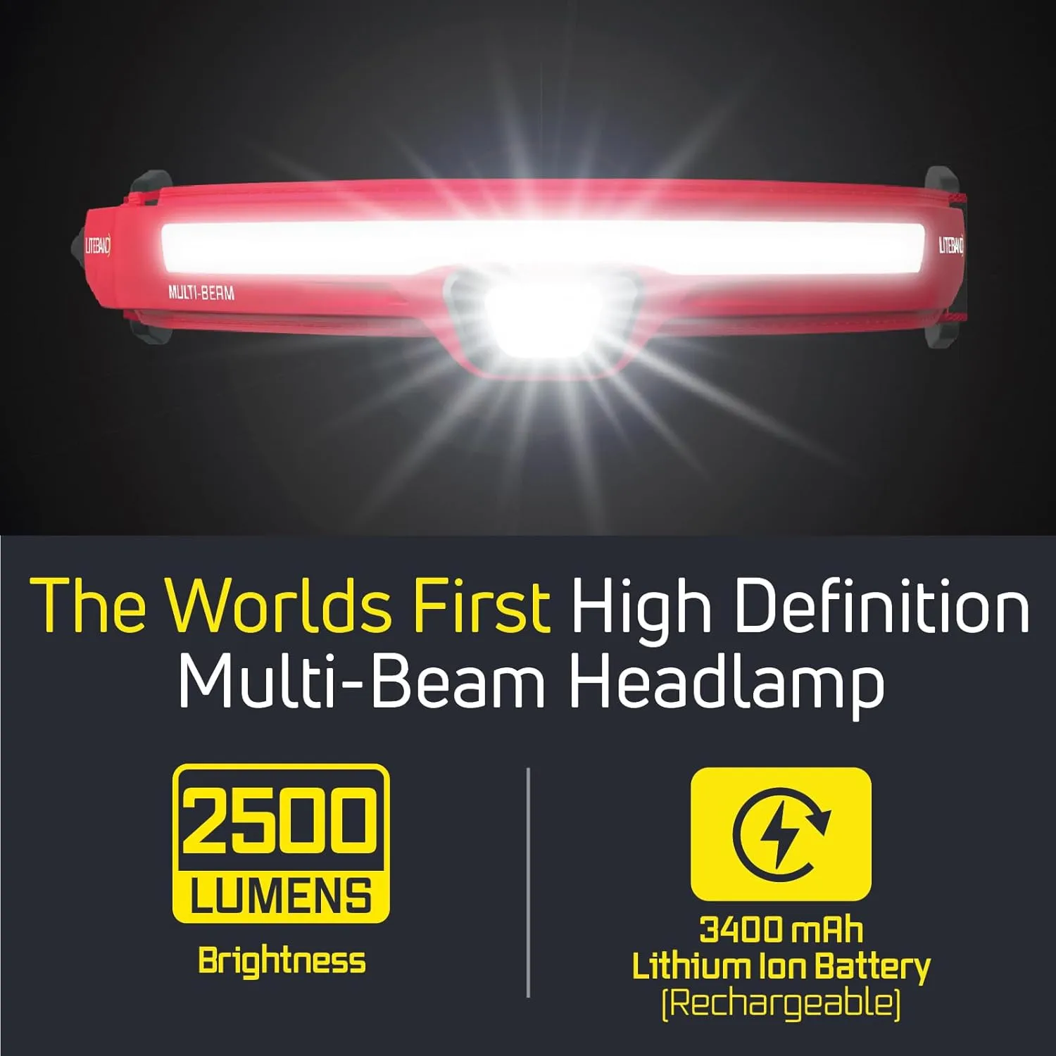 LED Headlamp, Liteband PRO PureHD 2500 Lumen Super Bright Head Lamp, Rechargeable Powerful Battery Powered Tactical Headlamps, Camping, Running, Hard Hat Light, Best Rated Forehead Flashlight, Red