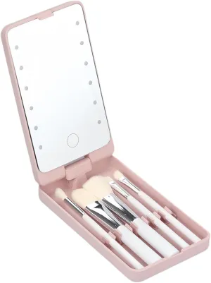 LED Makeup Mirror with Travel Size Makeup Brushes Set, Easy - Taken Mini Makeup Brush Set with Case and Mirror, Small Complete Function Cosmetic Brushes Kit (Pink,Without Brush)
