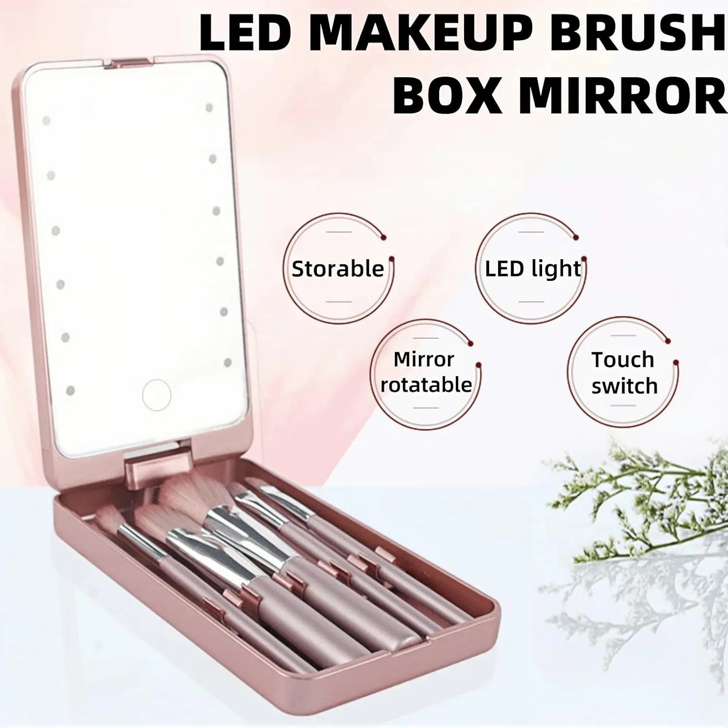 LED Makeup Mirror with Travel Size Makeup Brushes Set, Easy - Taken Mini Makeup Brush Set with Case and Mirror, Small Complete Function Cosmetic Brushes Kit (Pink,Without Brush)
