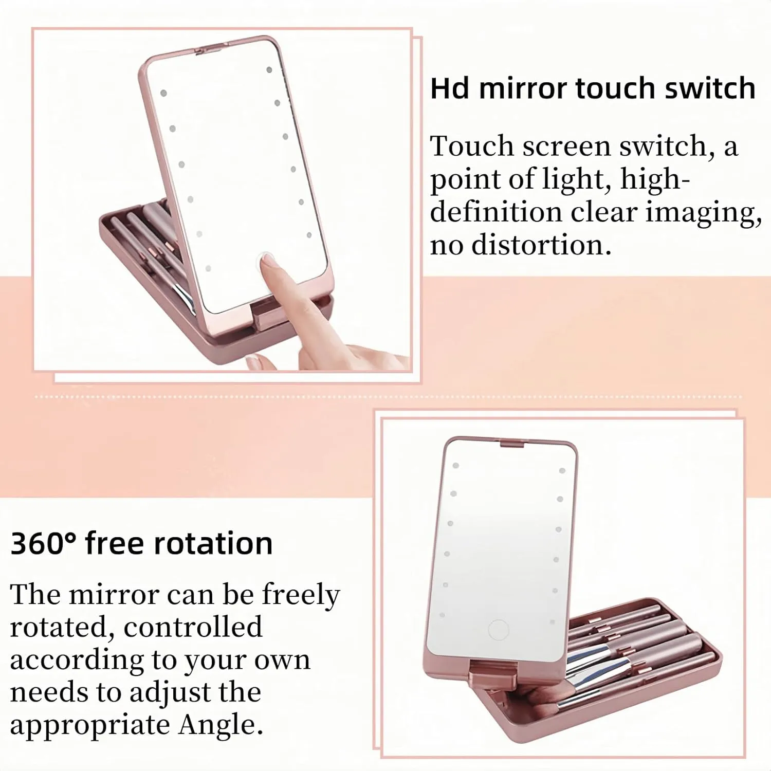 LED Makeup Mirror with Travel Size Makeup Brushes Set, Easy - Taken Mini Makeup Brush Set with Case and Mirror, Small Complete Function Cosmetic Brushes Kit (Pink,Without Brush)