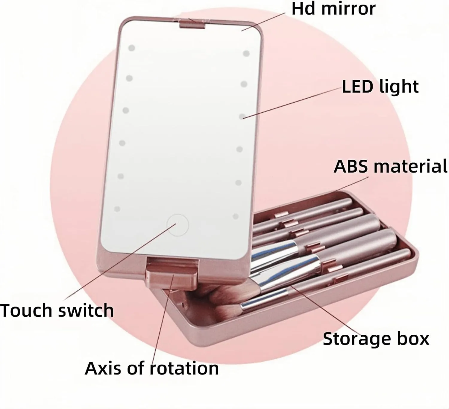 LED Makeup Mirror with Travel Size Makeup Brushes Set, Easy - Taken Mini Makeup Brush Set with Case and Mirror, Small Complete Function Cosmetic Brushes Kit (Pink,Without Brush)