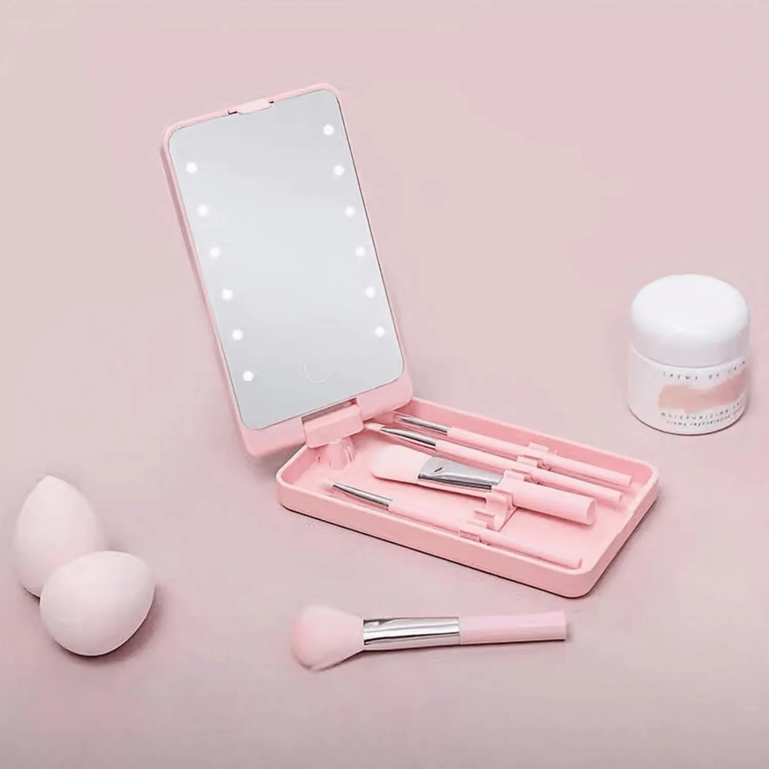 LED Makeup Mirror with Travel Size Makeup Brushes Set, Easy - Taken Mini Makeup Brush Set with Case and Mirror, Small Complete Function Cosmetic Brushes Kit (Pink,Without Brush)