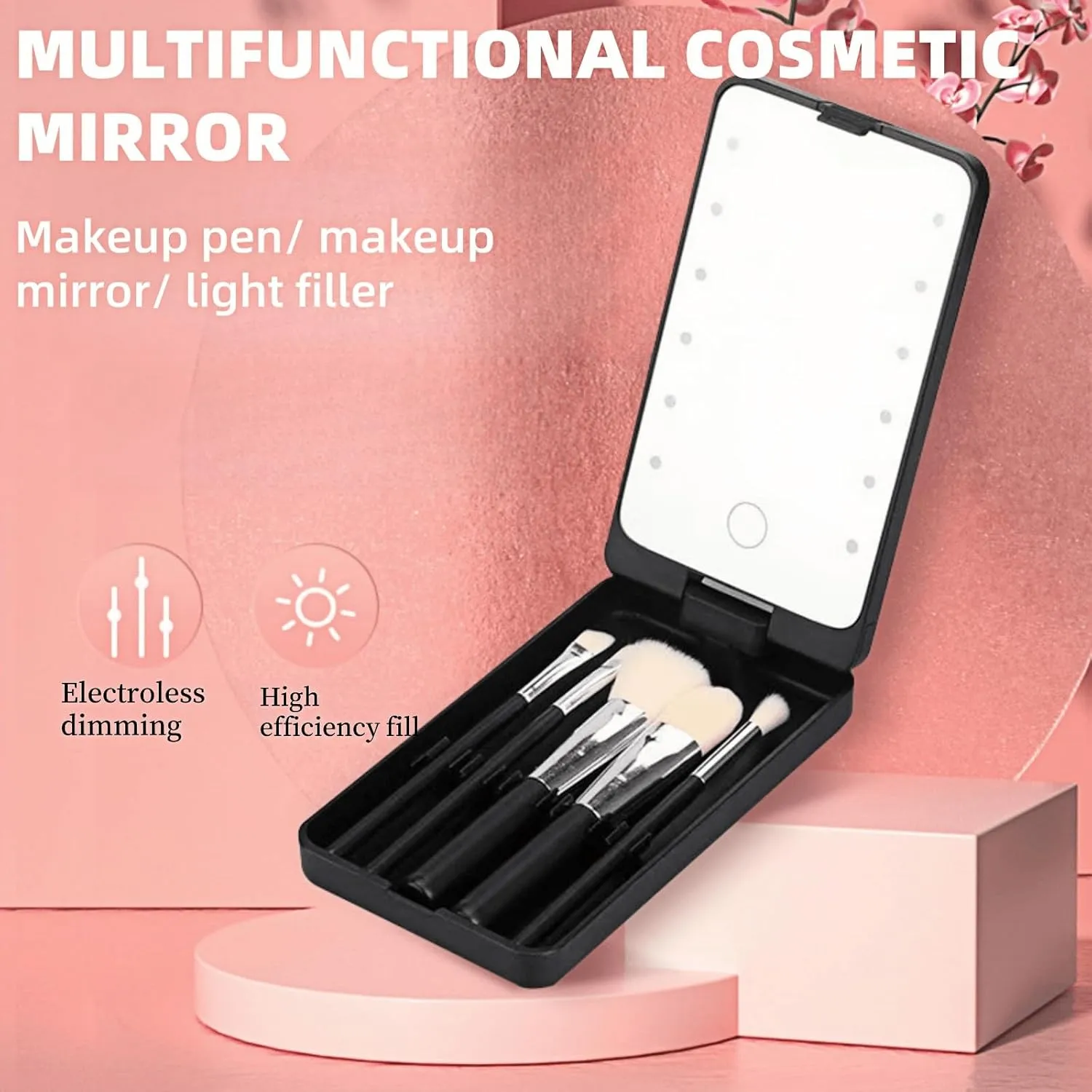 LED Makeup Mirror with Travel Size Makeup Brushes Set, Easy - Taken Mini Makeup Brush Set with Case and Mirror, Small Complete Function Cosmetic Brushes Kit (Pink,Without Brush)