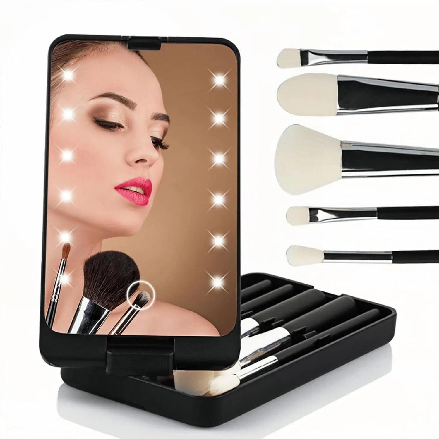 LED Makeup Mirror with Travel Size Makeup Brushes Set, Easy - Taken Mini Makeup Brush Set with Case and Mirror, Small Complete Function Cosmetic Brushes Kit (Pink,Without Brush)