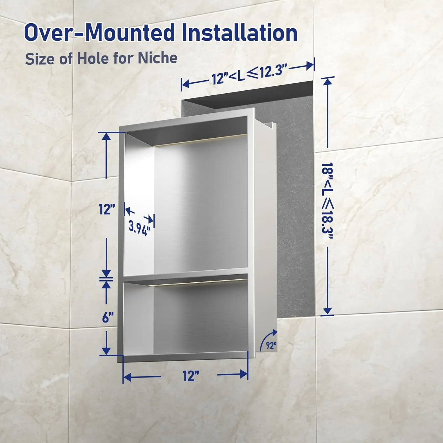Led Shower Niche 18" X 12" Brushed 304 Stainless Steel with Light 2-Tier Shelves No Tile Needed Niche Shower for Bathroom Storage Over-Mounted Installation