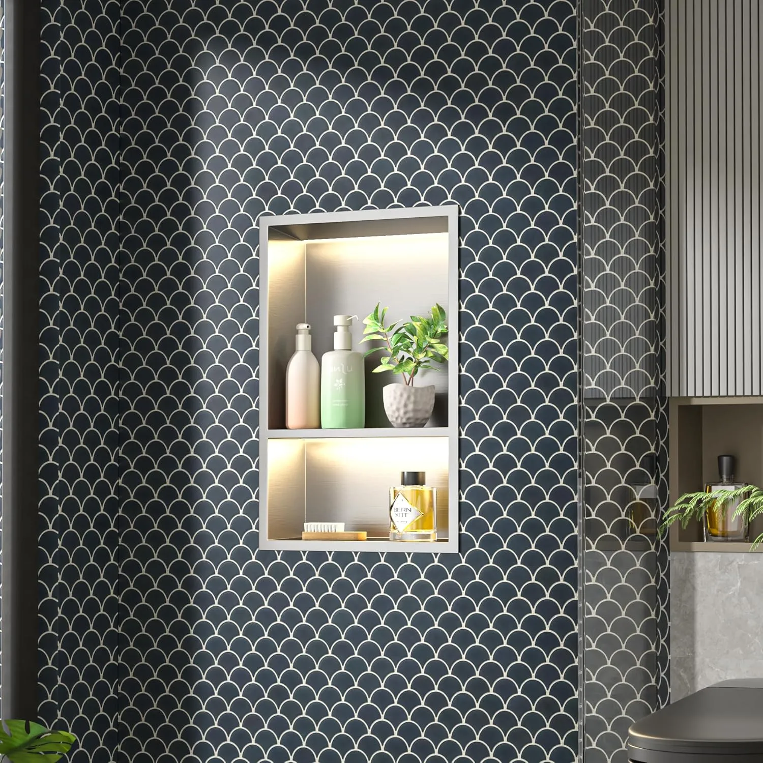 Led Shower Niche 18" X 12" Brushed 304 Stainless Steel with Light 2-Tier Shelves No Tile Needed Niche Shower for Bathroom Storage Over-Mounted Installation