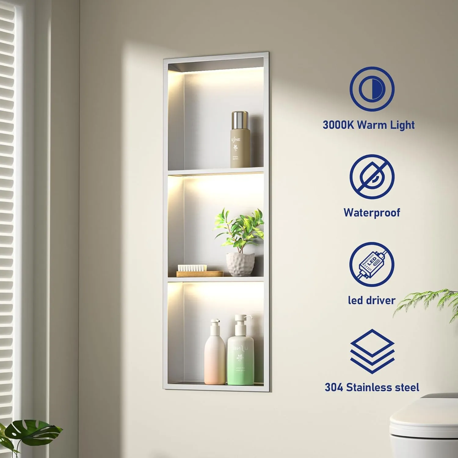 Led Shower Niche 36" X 12" with Shelf Brushed 304 Stainless Steel with Light 3 Tier Shelves No Tile Needed Niche Shower for Bathroom Storage Over-Mounted Installation
