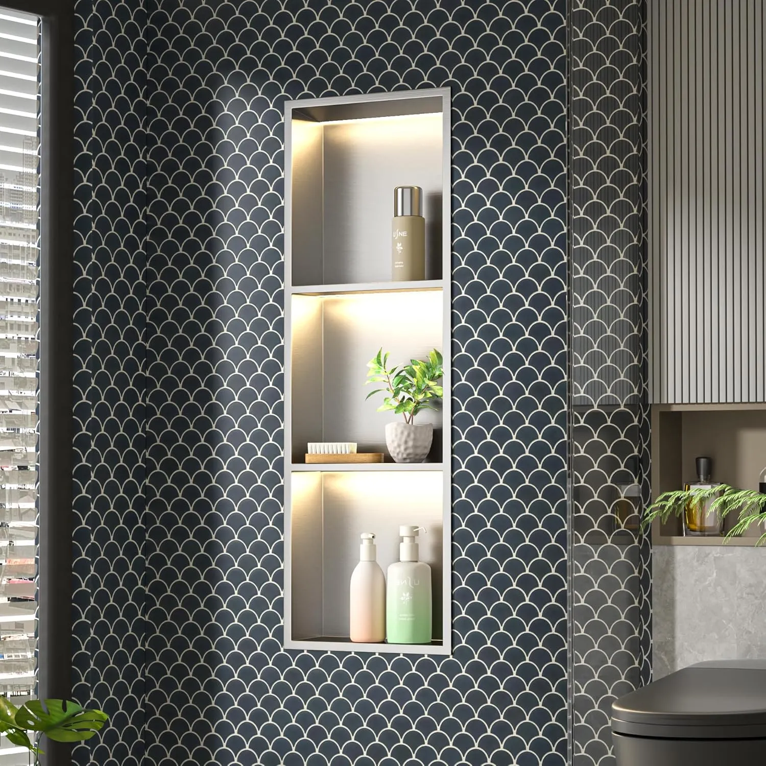 Led Shower Niche 36" X 12" with Shelf Brushed 304 Stainless Steel with Light 3 Tier Shelves No Tile Needed Niche Shower for Bathroom Storage Over-Mounted Installation