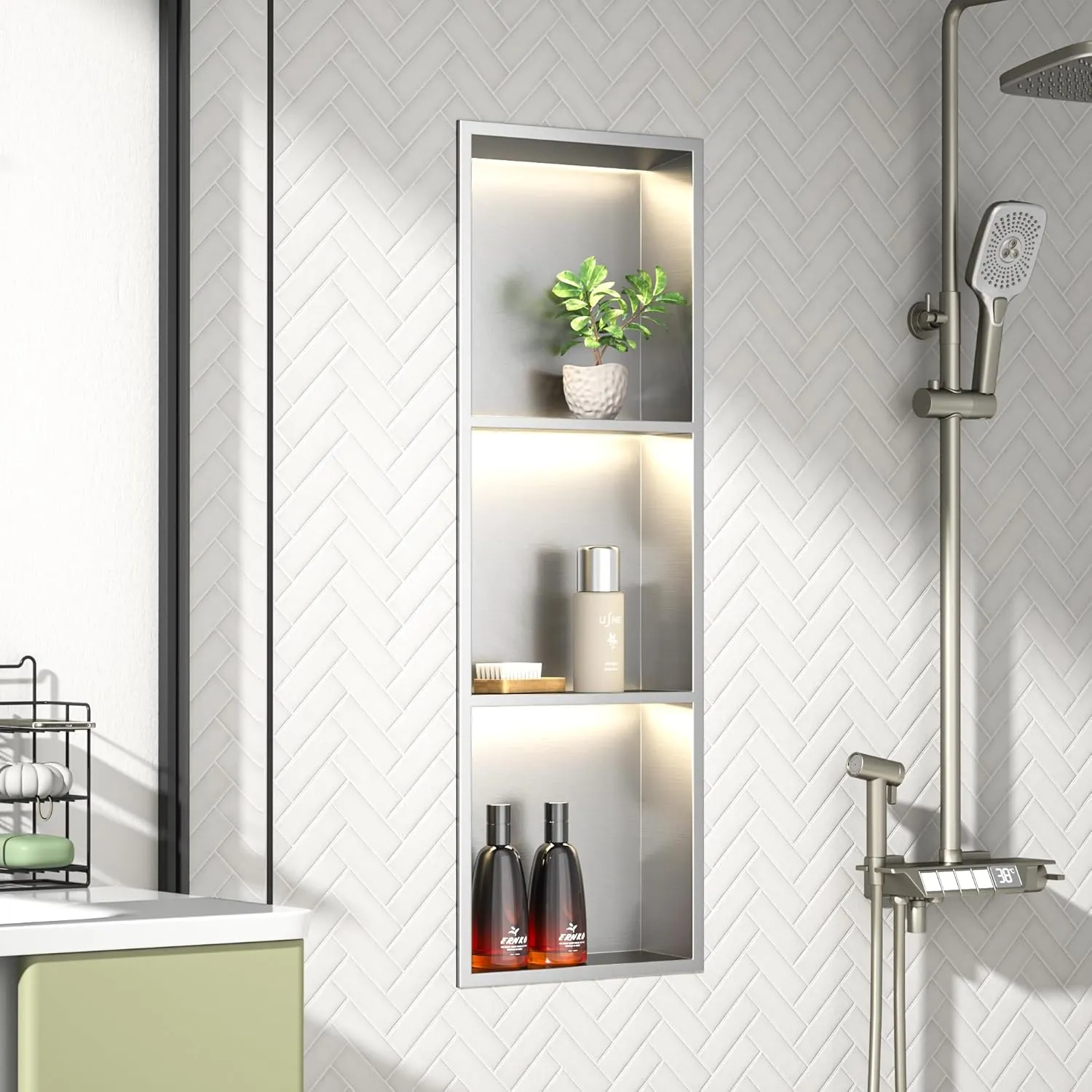 Led Shower Niche 36" X 12" with Shelf Brushed 304 Stainless Steel with Light 3 Tier Shelves No Tile Needed Niche Shower for Bathroom Storage Over-Mounted Installation