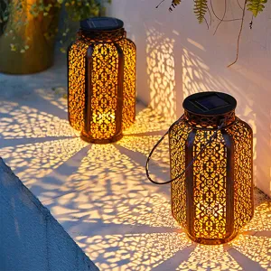 LED Solar Hanging Lantern, Retro Iron Art Lantern with Vintage Design, Decorative Pathway Lamp, Outdoor Metal Hollow Light