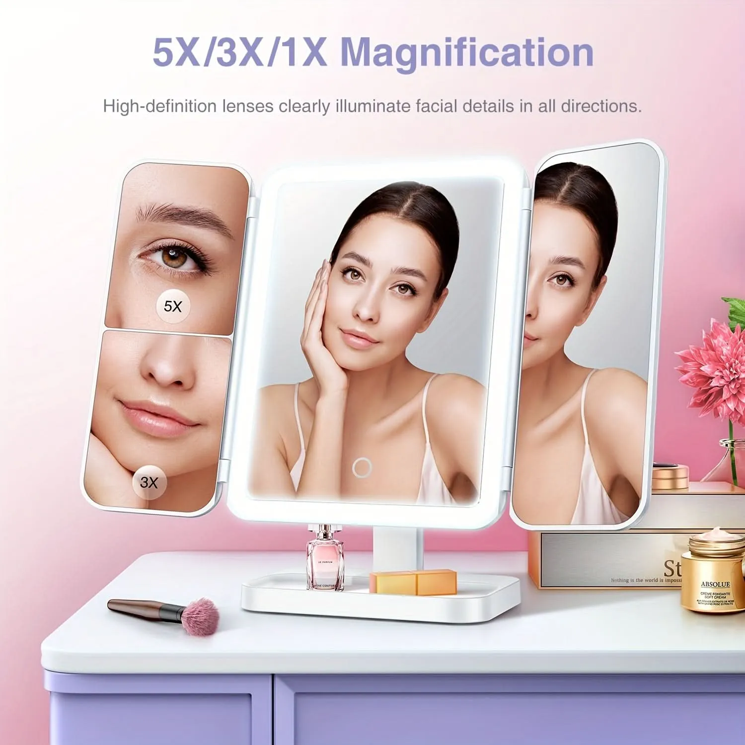 LED Tri-Fold Makeup Mirror with Magnification