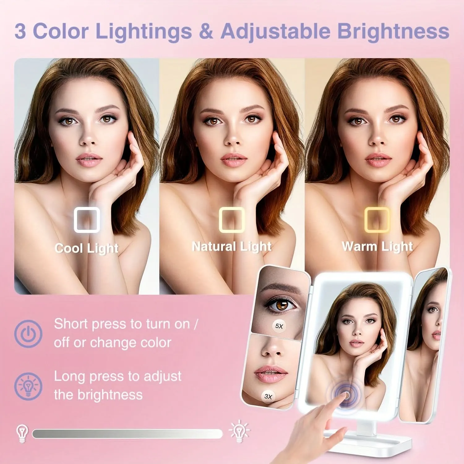 LED Tri-Fold Makeup Mirror with Magnification