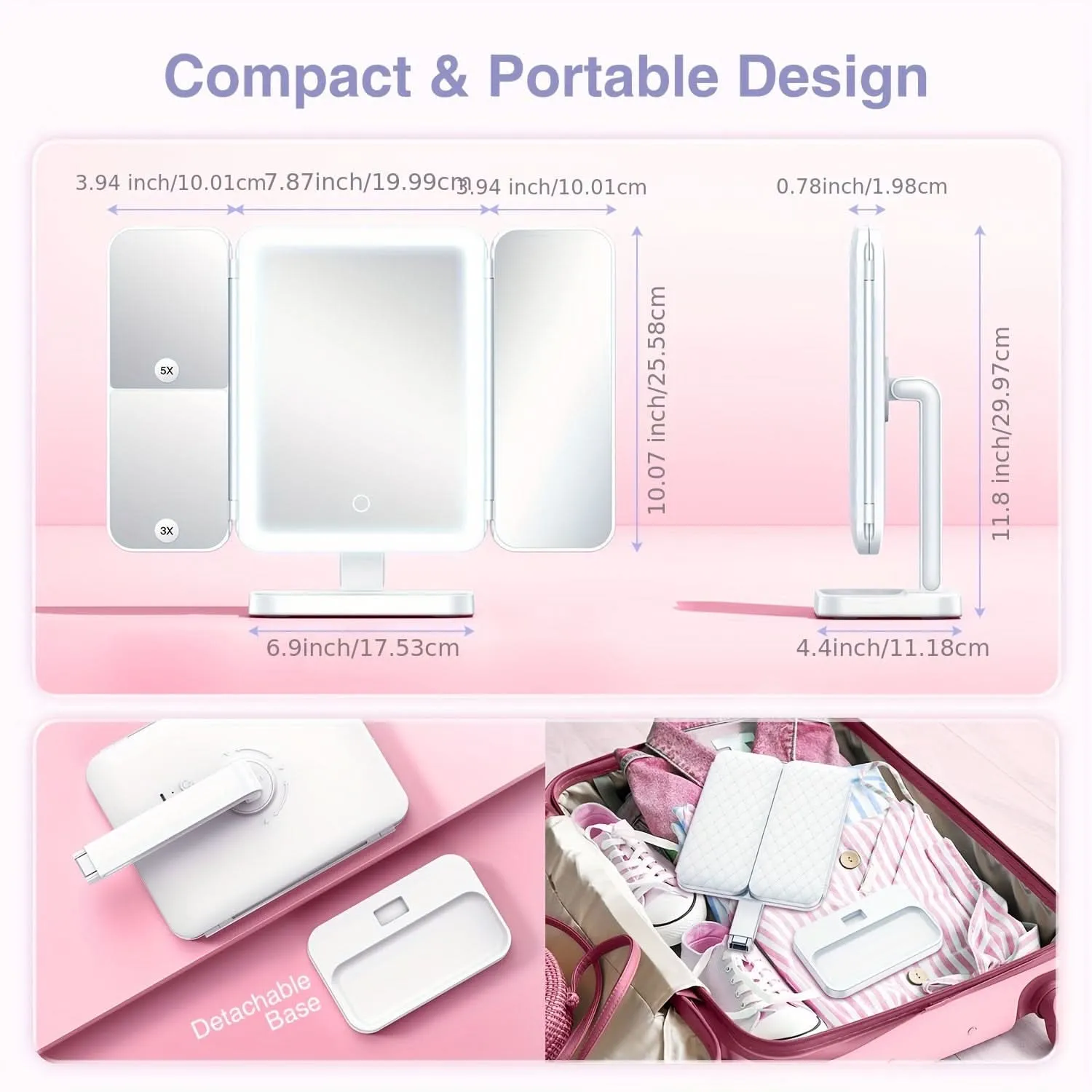 LED Tri-Fold Makeup Mirror with Magnification