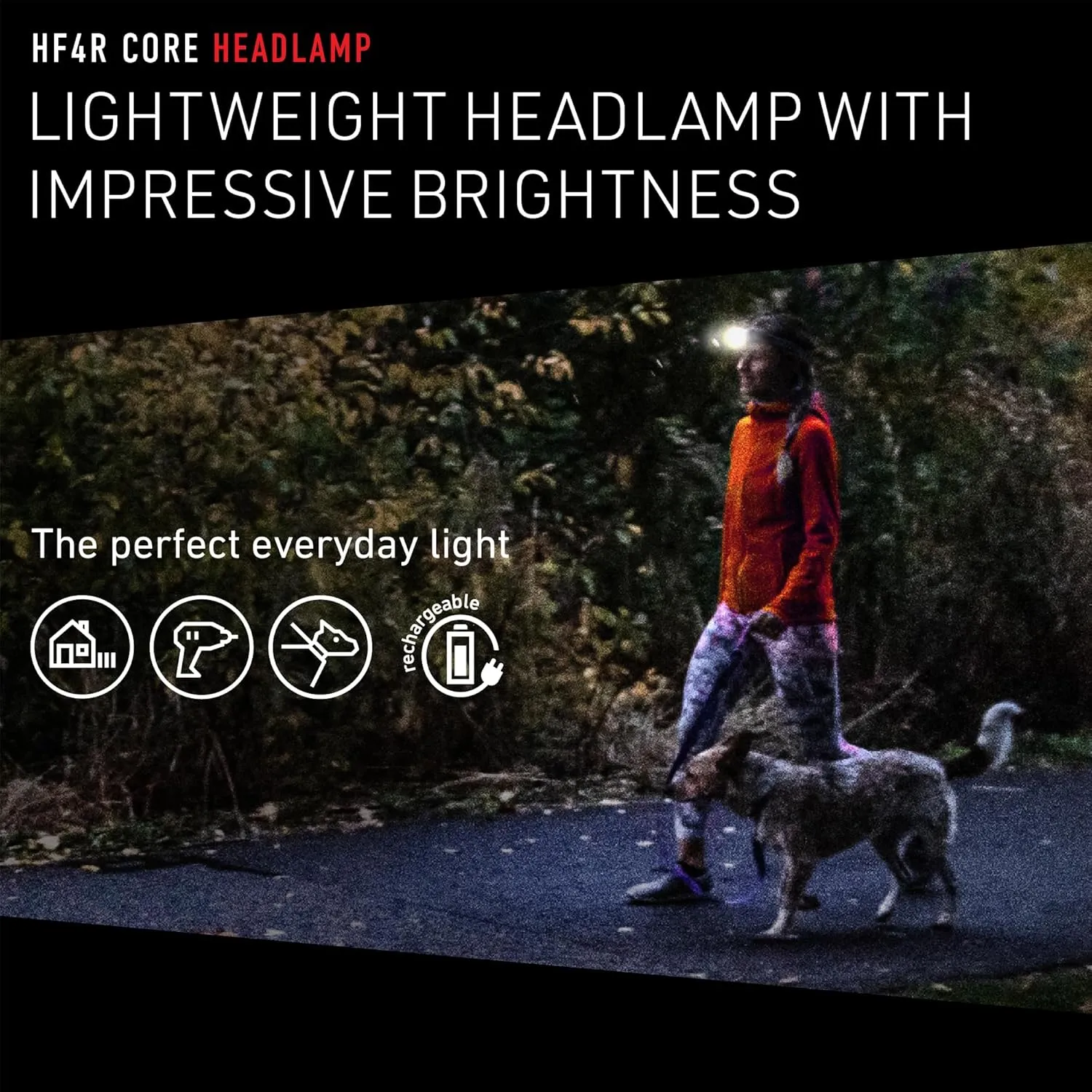Ledlenser HF4R Core Hands Free, Rechargeable Headlamp, Water Resistant, 500 Lumens, Black
