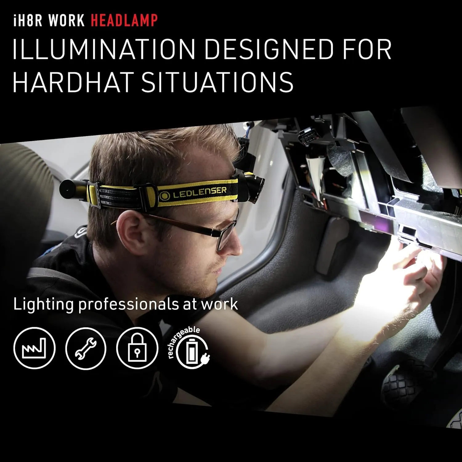 Ledlenser, iH8R Rechargeable Headlamp with Rear Light, High Power LED, 600 Lumens, Hands-Free for Outdoor, Work, and Camping, Hardhat Mount Included