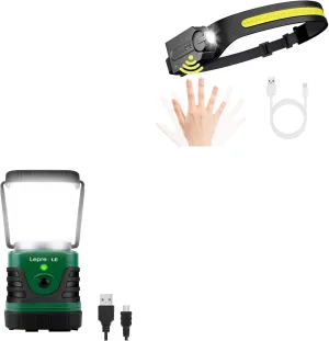 Lepro Bundle - 1000LM LED Camping Lantern Rechargeable, 4400mAh Power Bank & PR320019 Super Bright Head lamp with Motion Sensor, 230° Wide Beam & Adjustable