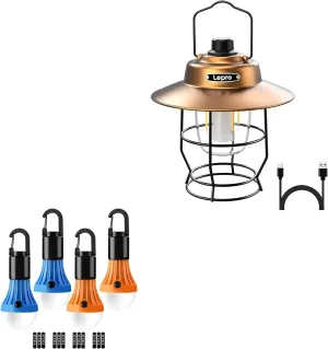 Lepro Bundle - 2 Items: Lepro Vintage Rechargeable LED Camping Lantern & Lepro LED Camping Lantern Hanging Tent Light Bulbs with Clip Hook