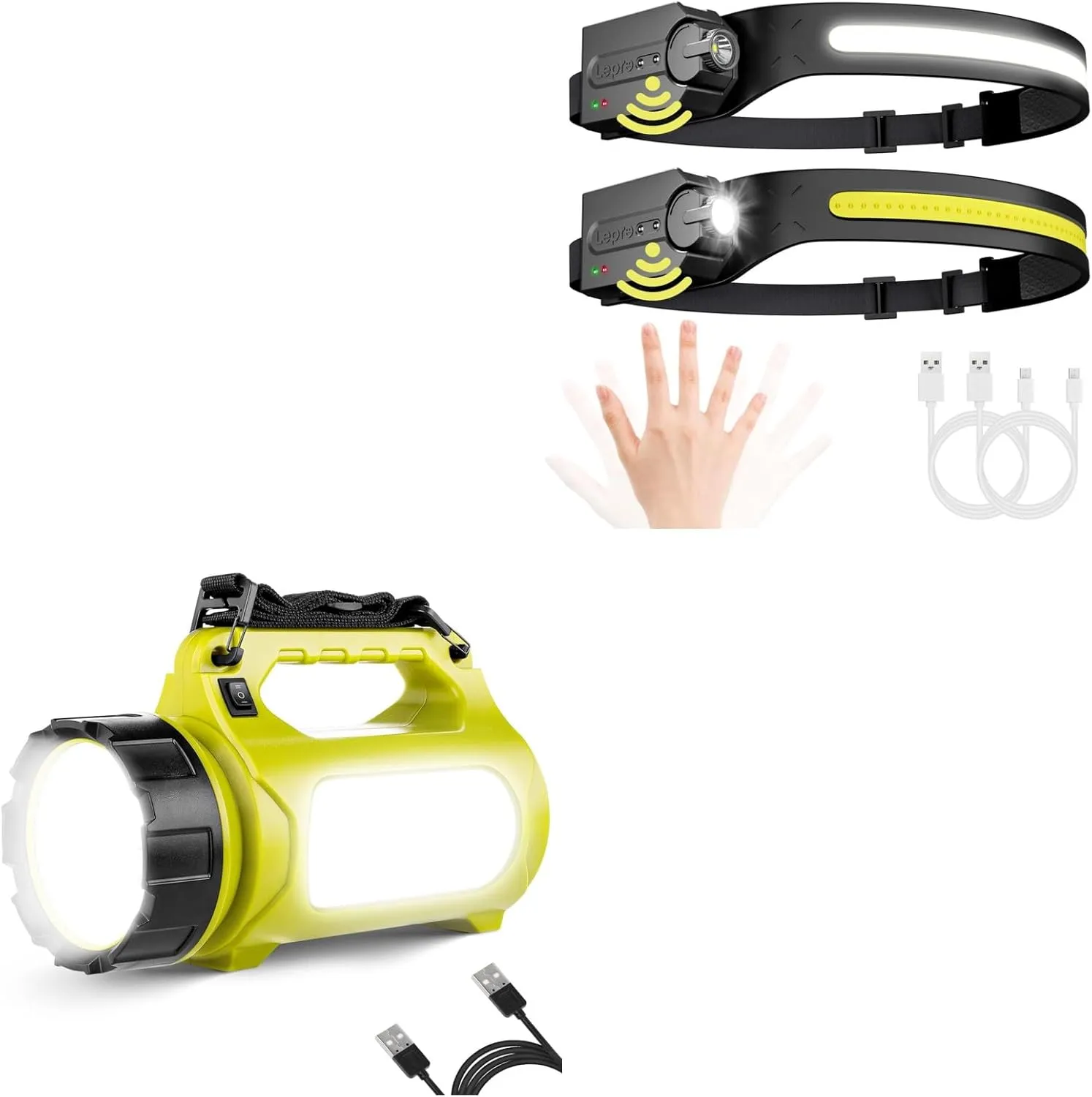 Lepro Bundle - Rechargeable LED Camping Lantern, 1000LM, 5 Light Modes, Power Bank, IPX4 Waterproof & LED Headlamp Rechargeable - Super Bright Head lamp with Motion Sensor 2 Packs