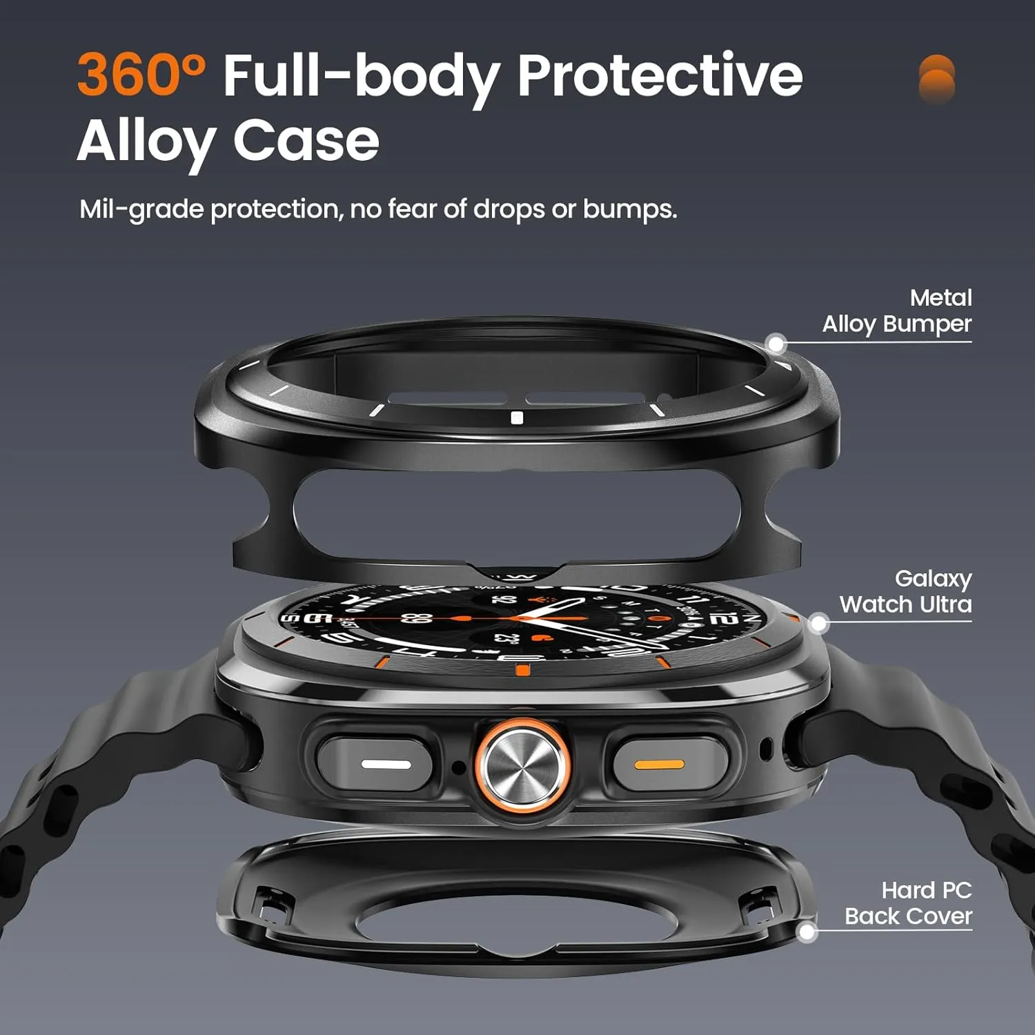 LETOID 3 in 1 Metal Case for Samsung Galaxy Watch Ultra Screen Protector 47mm, Stainless Steel Protective Bumper Face, Hard PC Back Cover and 9H Tempered Glass Film for Watch 7 Ultra - Black/White
