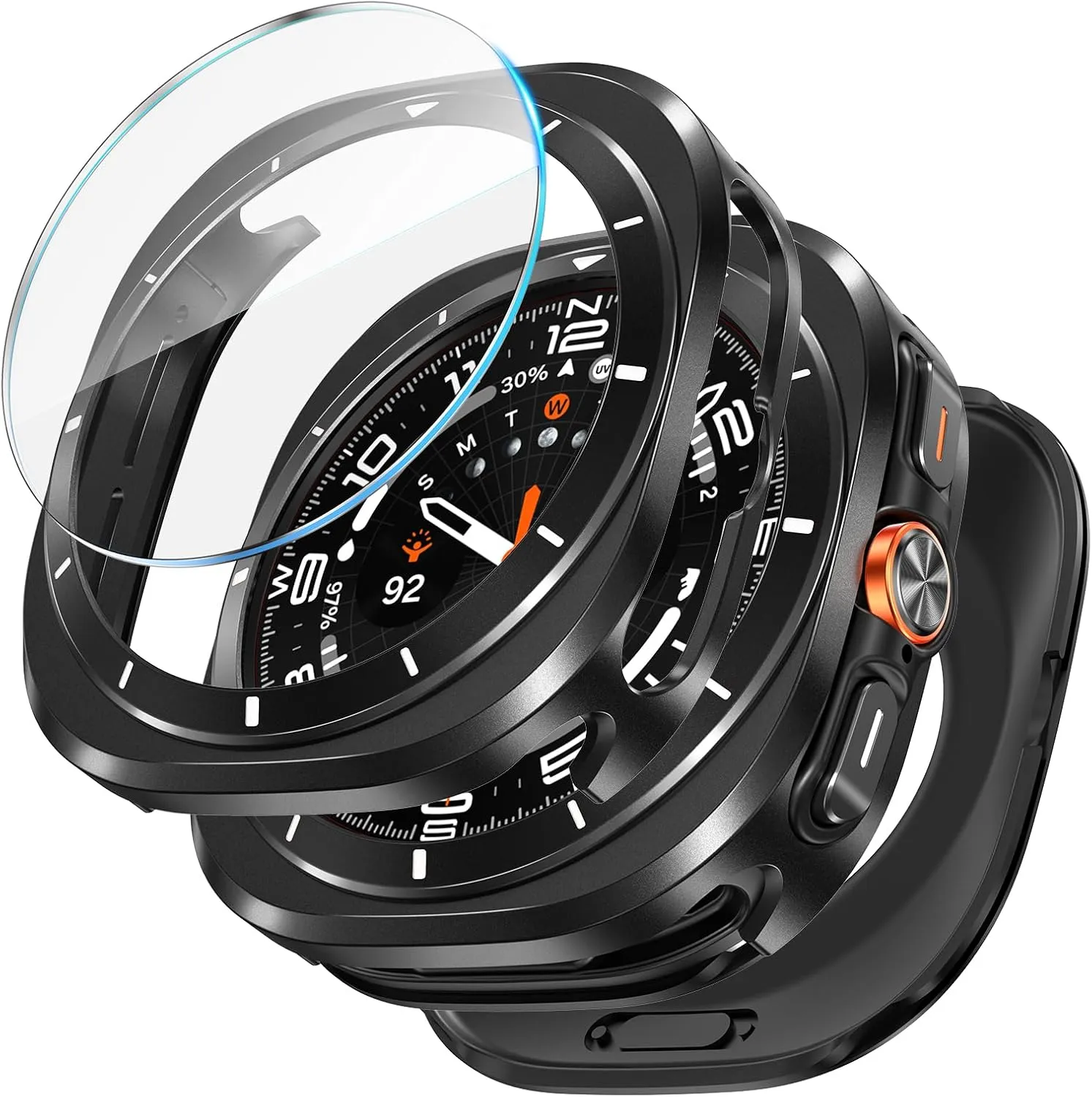 LETOID 3 in 1 Metal Case for Samsung Galaxy Watch Ultra Screen Protector 47mm, Stainless Steel Protective Bumper Face, Hard PC Back Cover and 9H Tempered Glass Film for Watch 7 Ultra - Black/White