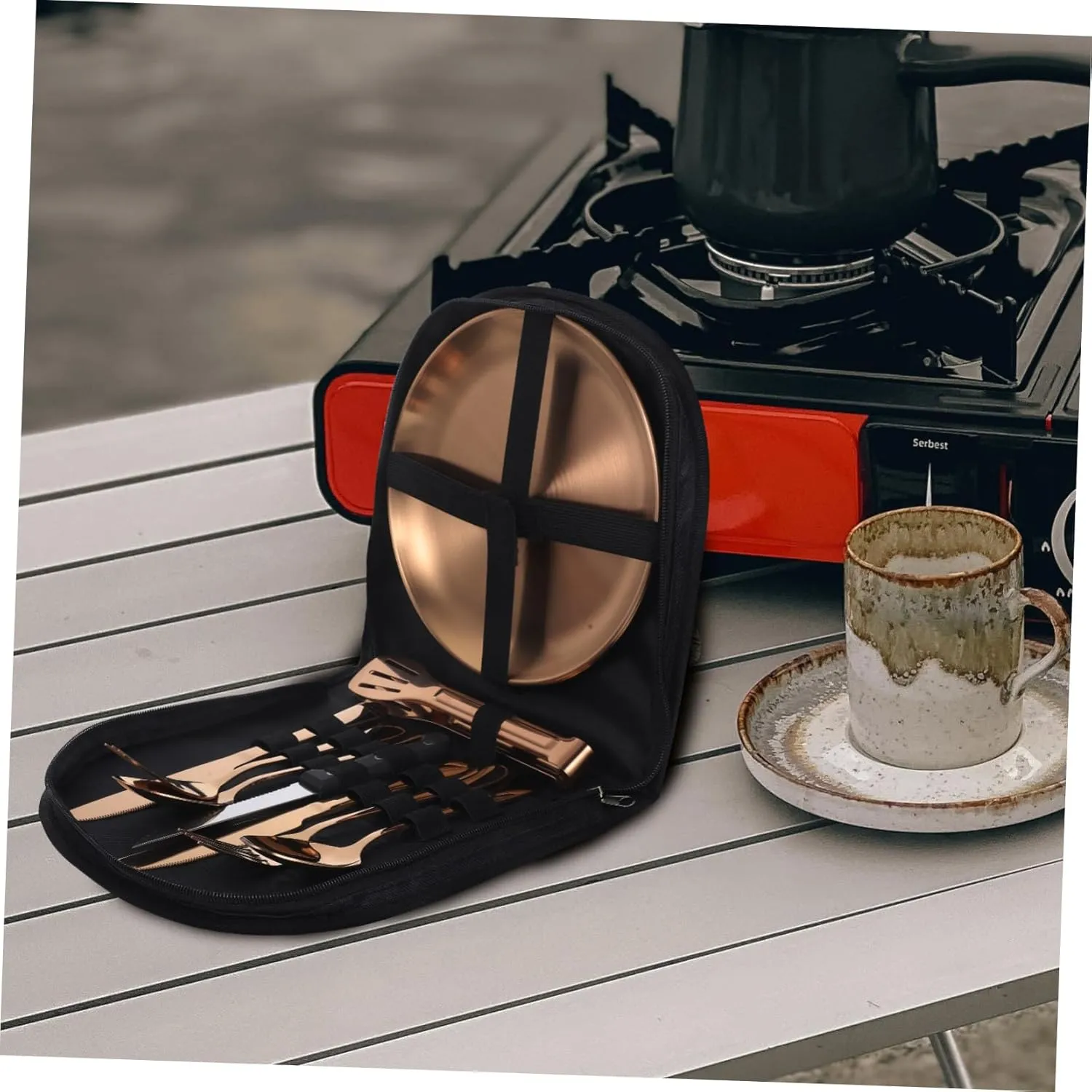 LIFKOME Complete Stainless Steel Camping Tableware Set Fork Spoon Knife Silverware Picnic Supplies Compact Carrying Case