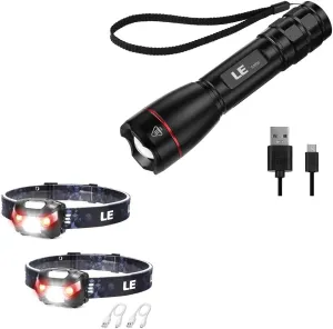 Lighting EVER Bundle – 2 Items:LED Rechargeable Headlamp Flashlights, 5 Lighting Modes, LE Rechargeable LED Flashlight, Zoomable Tactical Torch, 1000 Lumens, IPX7 Waterproof, 5 Lighting Modes