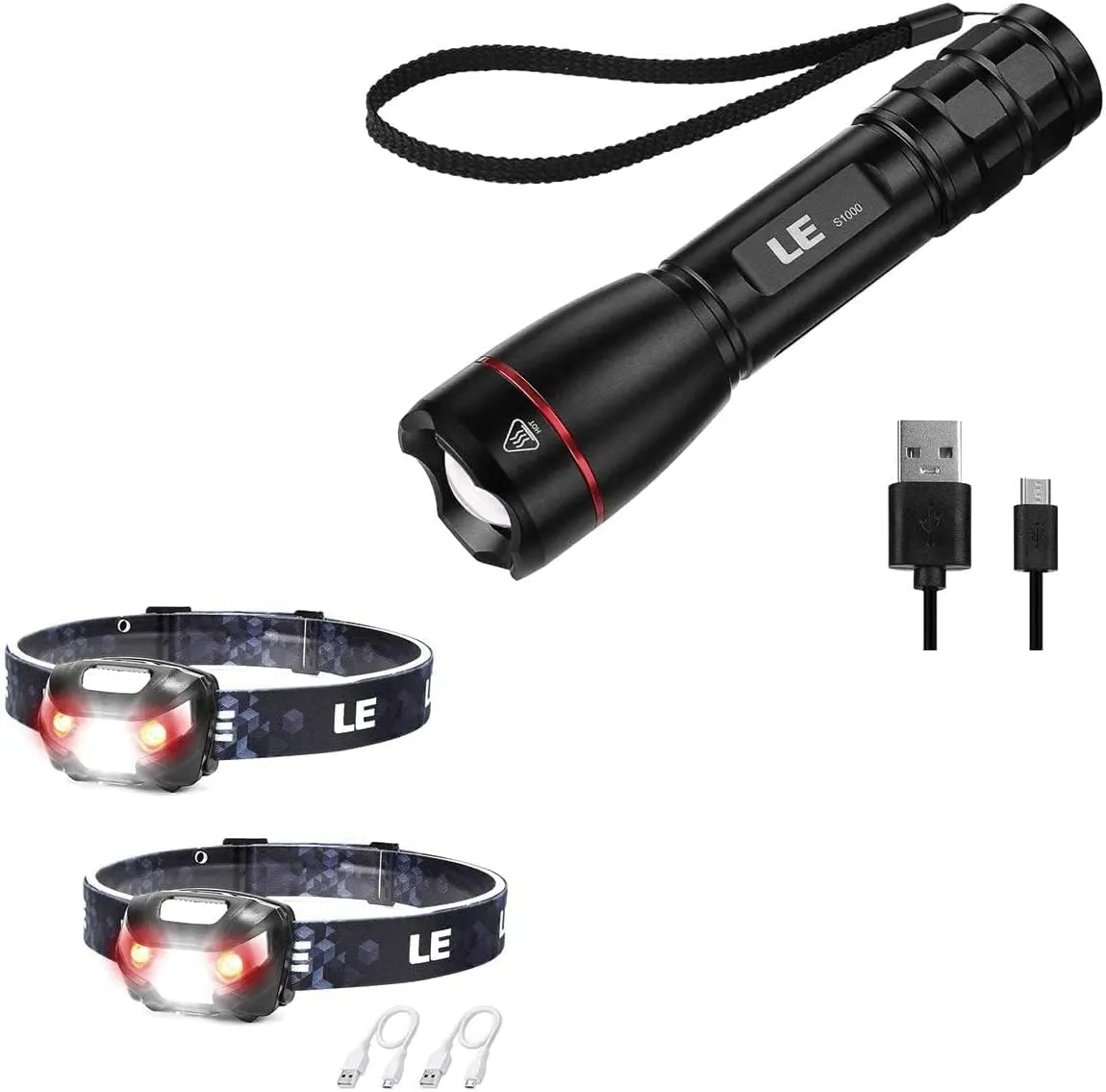 Lighting EVER Bundle – 2 Items:LED Rechargeable Headlamp Flashlights, 5 Lighting Modes, LE Rechargeable LED Flashlight, Zoomable Tactical Torch, 1000 Lumens, IPX7 Waterproof, 5 Lighting Modes
