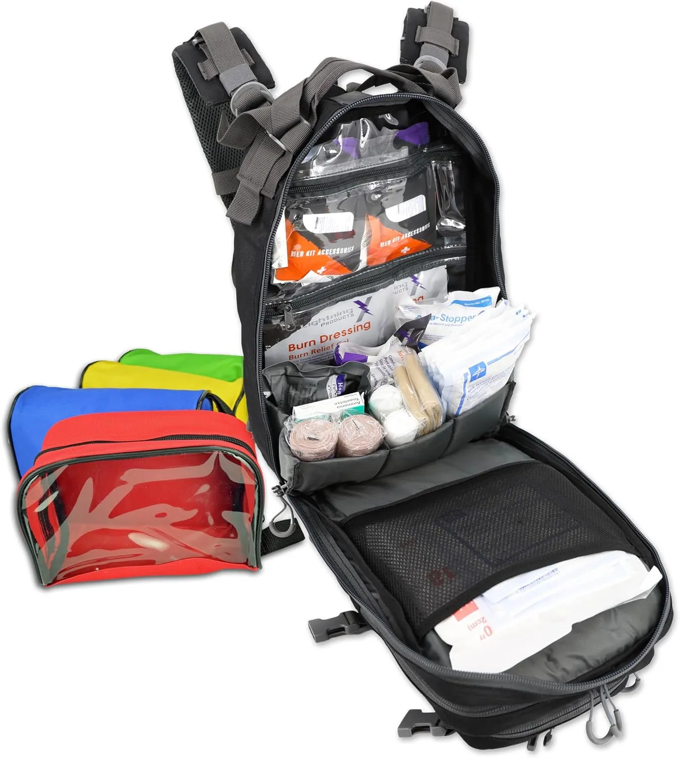 Lightning X Stocked EMS/EMT Trauma & Bleeding First Aid Responder Medical Backpack   Kit   Pouches - Black/Grey