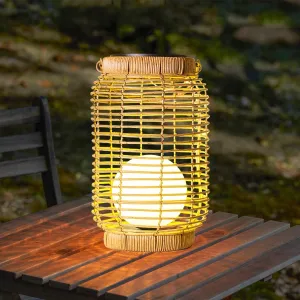 LightsUp Solar Lantern Outdoor Waterproof, Large Hanging Solar Lights Natural Woven Rattan, 12" H Solar Powered Decorative Lantern with Handle for Gardens Patios Pathways Outside Tabletop Decor