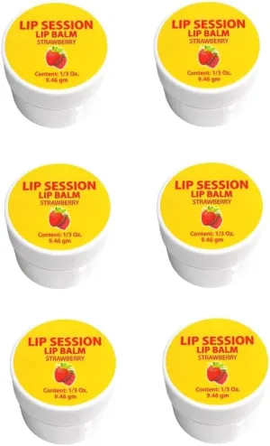 Lip Session Lip Balm Strawberry Flavor .33 Oz. Jars with Vitamin E & Cocoa Butter - Moisturizes & Soothes Dry, Cracked, or Chapped Lips (6 Pack)