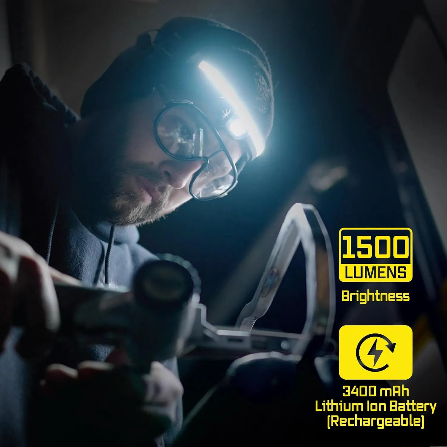 Liteband PRO 1500 Lumens LED Headlamp, Rechargeable Battery Powered, Super Bright Tactical Head Lamp Flashlight Hard Hat Light, Mechanic Lamps, Camping, Running, Best Rated For Adults Forehead, Yellow