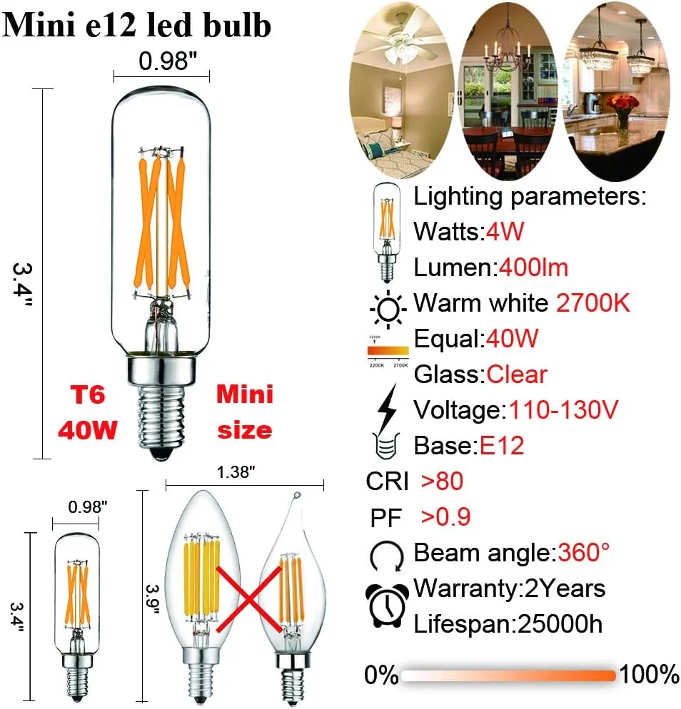 LiteHistory Dimmable t6 led Bulb 40W Candelabra led 2700K Clear 400lm 4W e12 Edison Bulb Warm White 6Pack