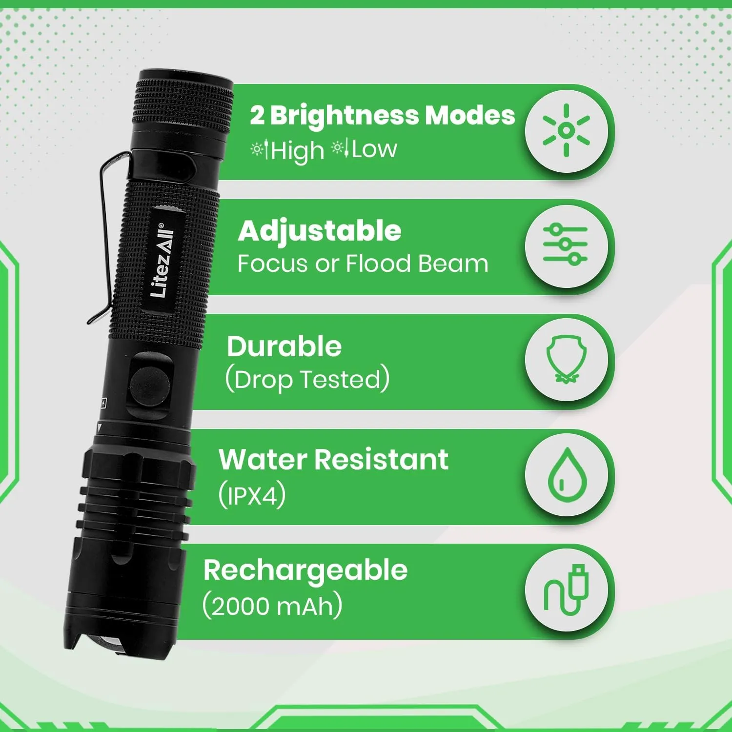 LitezAll 1000 Lumen Rechargeable Flashlight – USB Flashlight Rechargeable Pocket, Power Bank, High/Low Modes, Compact Flashlight with Charging Cable Included