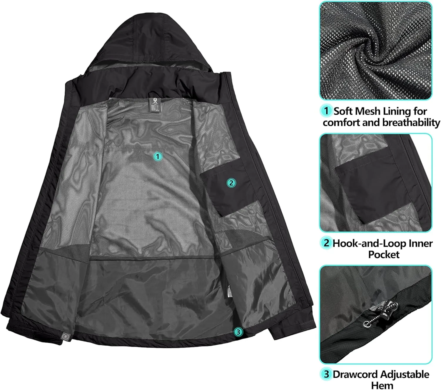 Little Donkey Andy Men's Waterproof Rain Jacket with Detachable Hood Outdoor Raincoat for Hiking Travel Cycling