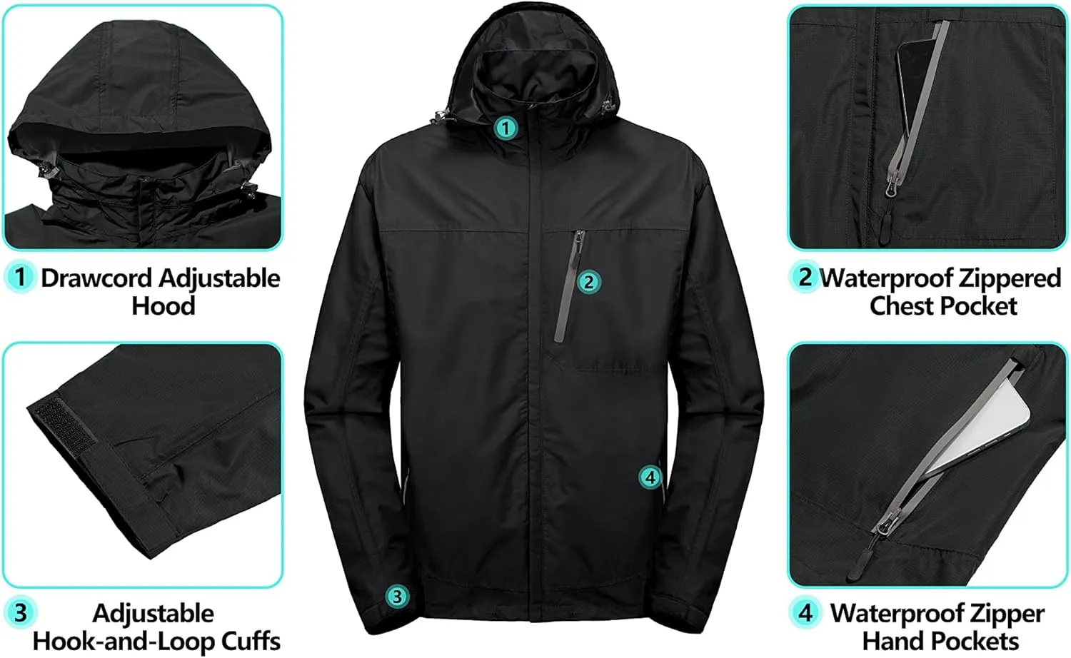 Little Donkey Andy Men's Waterproof Rain Jacket with Detachable Hood Outdoor Raincoat for Hiking Travel Cycling