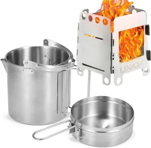 Lixada Camping Cooking Kettle 1L Stainless Steel Pot with Camping Wood Stove Folding Lightweight for Hiking Backpacking Picnic