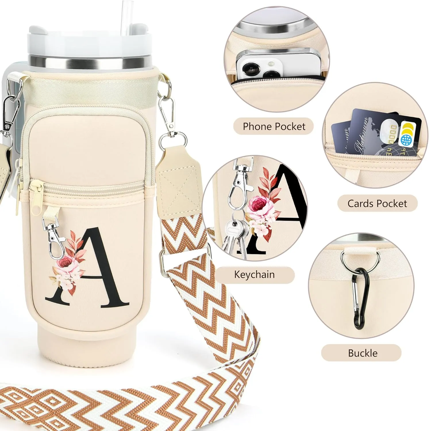 LOKASS Water Bottle Holder with Strap for Stanley Cup 30 oz Tumbler with Handle, Personalized Initial Gift, Water Bottle Carrier Bag with Phone Pocket & Carabiner for Stanley Cup Accessories