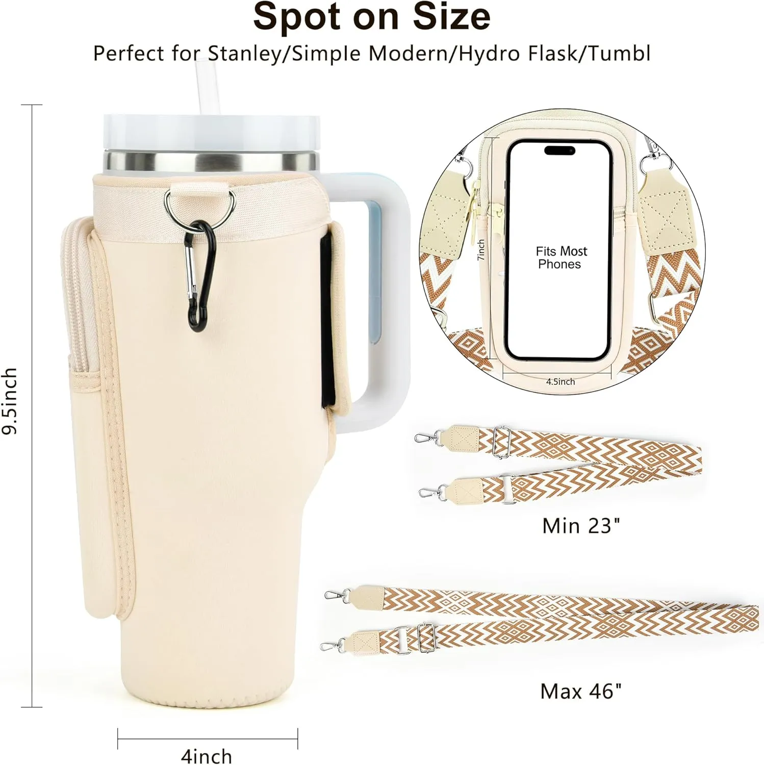 LOKASS Water Bottle Holder with Strap for Stanley Cup 30 oz Tumbler with Handle, Personalized Initial Gift, Water Bottle Carrier Bag with Phone Pocket & Carabiner for Stanley Cup Accessories