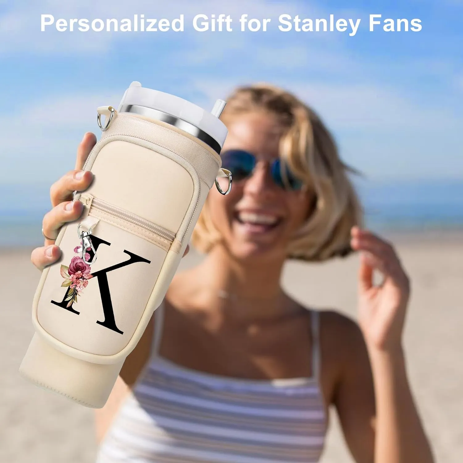 LOKASS Water Bottle Holder with Strap for Stanley Cup 30 oz Tumbler with Handle, Personalized Initial Gift, Water Bottle Carrier Bag with Phone Pocket & Carabiner for Stanley Cup Accessories