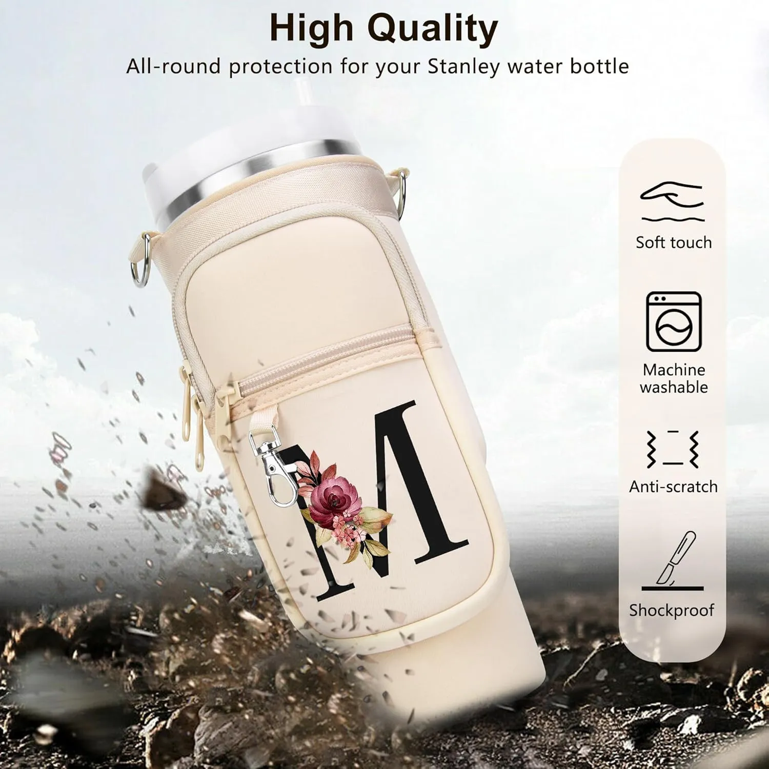 LOKASS Water Bottle Holder with Strap for Stanley Cup 30 oz Tumbler with Handle, Personalized Initial Gift, Water Bottle Carrier Bag with Phone Pocket & Carabiner for Stanley Cup Accessories